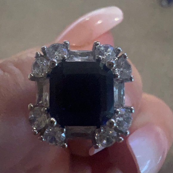 Square simulated, sapphire, and CZ diamond post earrings. - Picture 5 of 7